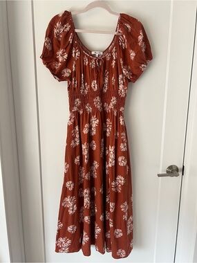 Madewell Rust Floral Puff-Sleeve Midi Dress